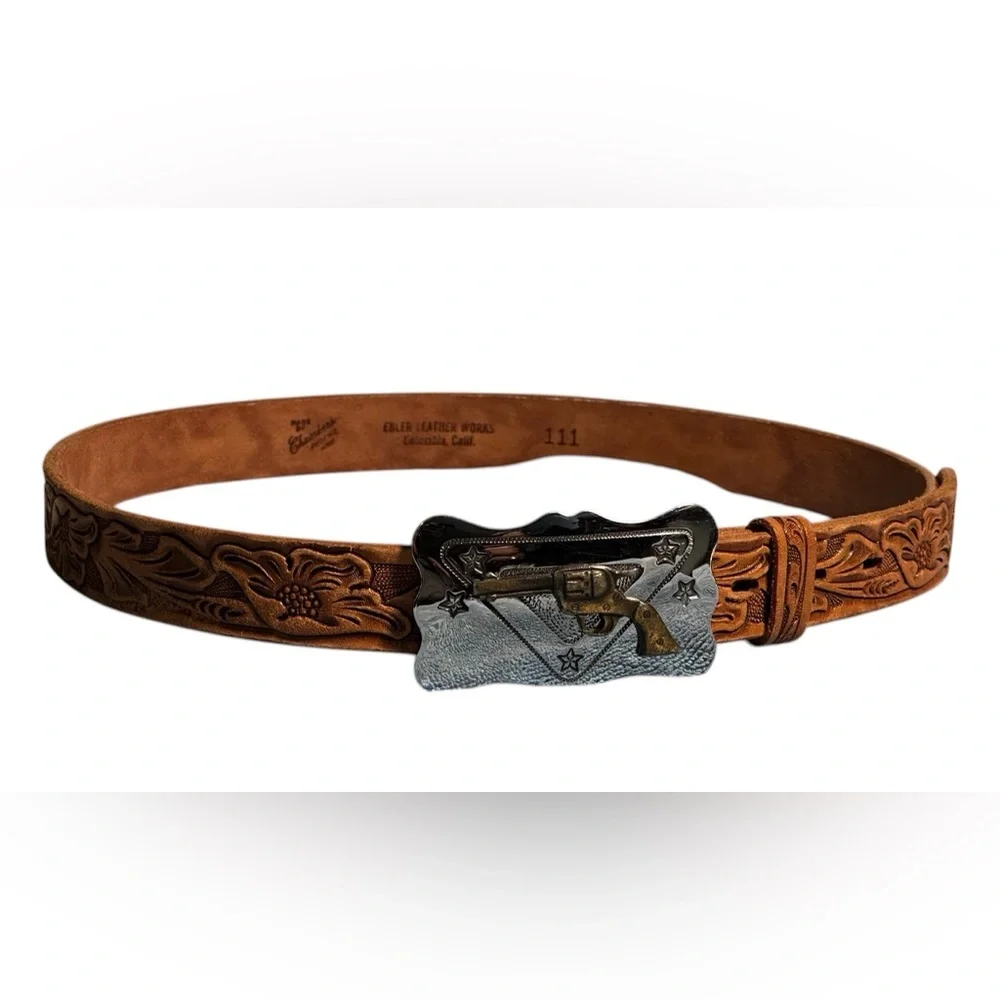 Chambers Belt Co. tooled Leather Brown Men’s Belt with spinning Revolver buckle.